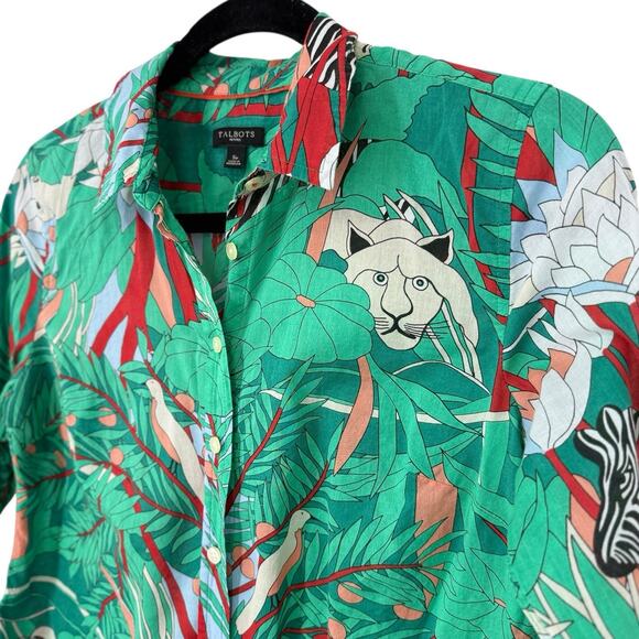 Talbots Jungle Tiger Print Button Up Top Size Small SP Colorful Long Sleeve Arts - Picture 2 of 11